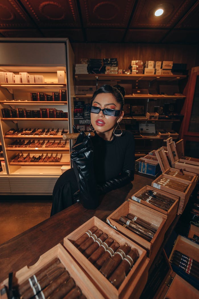 Elegant woman in sunglasses and gloves browsing cigars in a luxury Los Angeles shop.