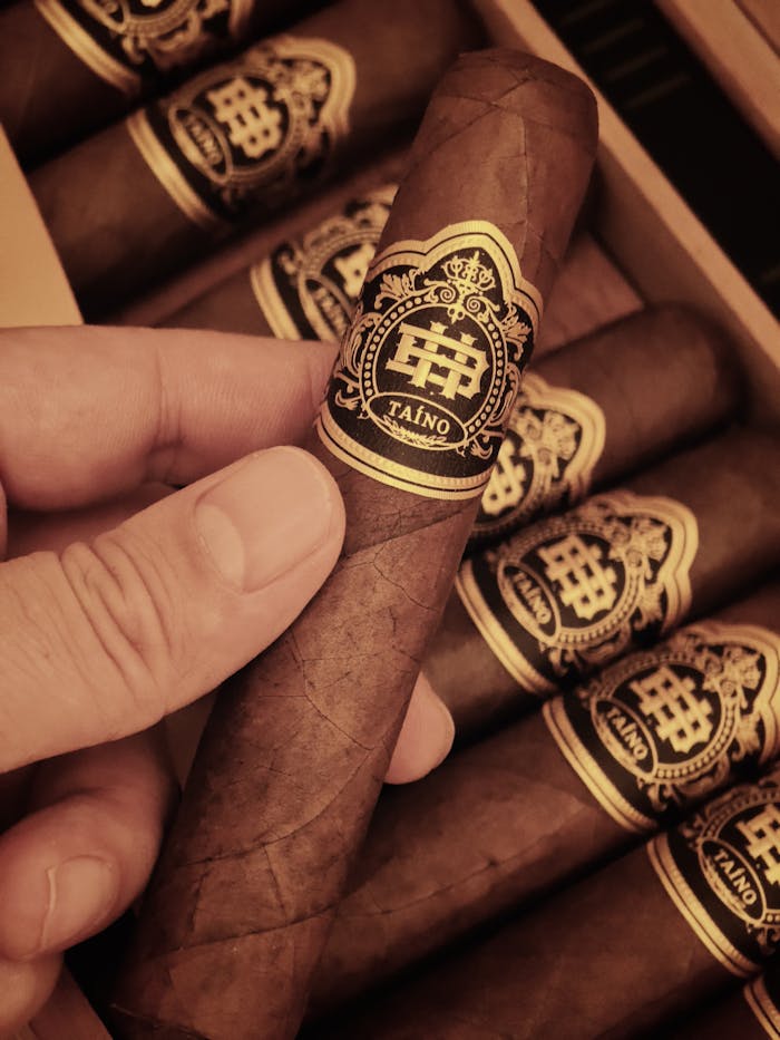 Close-up of luxury cigars held in hand, showcasing intricate packaging design in a warm tone.
